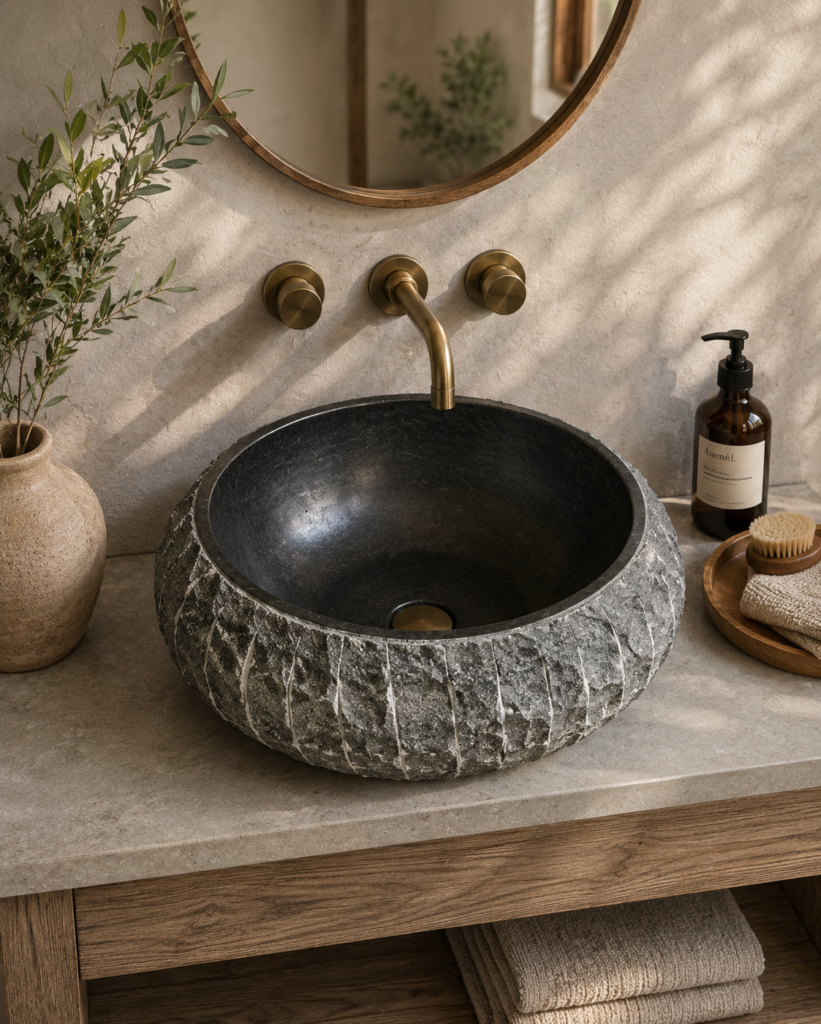 Handcrafted andesite vessel sink made from natural volcanic stone with a textured exterior and smooth interior, displayed on a modern wood vanity in a contemporary bathroom.
