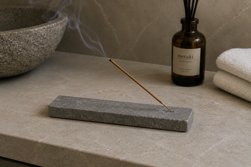 Minimal Jet Blue marble incense holder with burning incense stick displayed in a wellness-inspired bathroom setting. Anara Stoneworks Architectural Natural Stone for Wellness Spaces E1: lukman.rabbani@anarastones.com E2: info@getvesselsink.com WA: +6287814120350