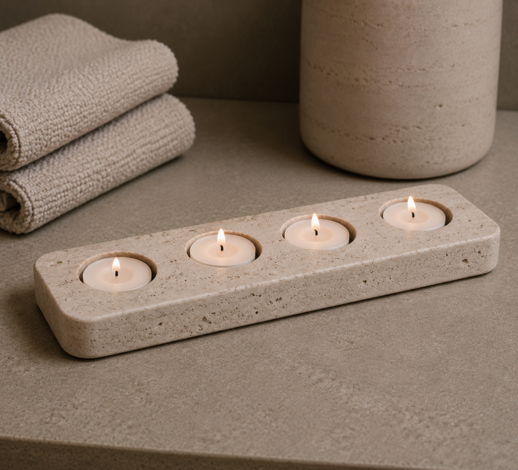Natural Ujungpandang marble candle platform holding four tea light candles on a wellness-inspired bathroom vanity with soft neutral textures.