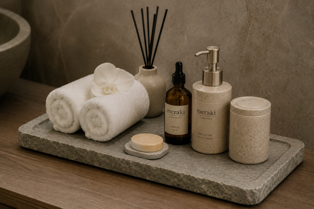 Grey marble spa amenity tray displaying rolled towels, diffuser, lotion bottle, soap dish, and wellness accessories in a luxury bathroom setting.