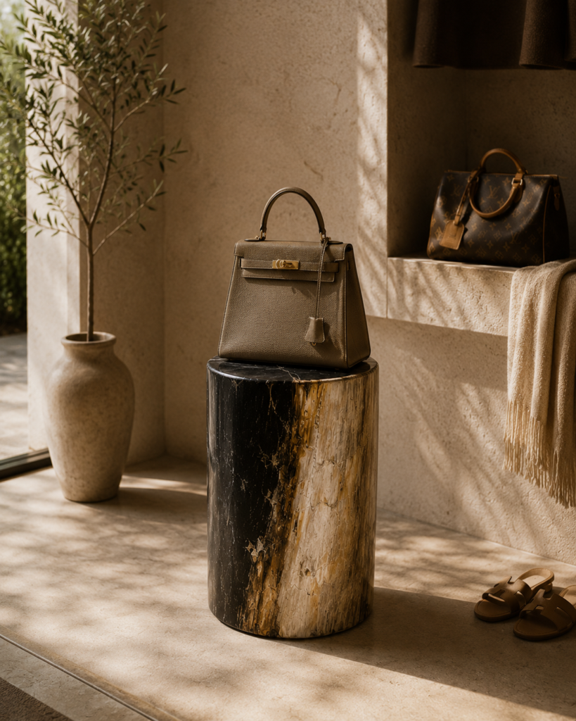 Handcrafted Petrified Wood Stool used as a luxury display pedestal for handbags in a modern interior setting