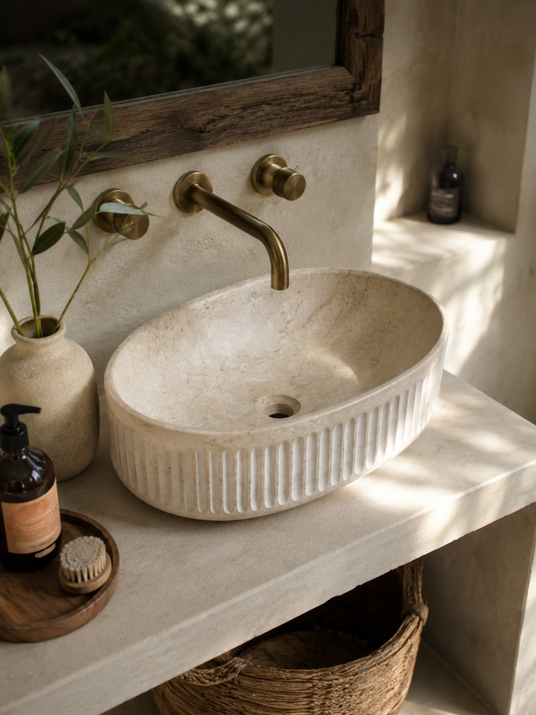 Amano fluted marble vessel sink handcrafted from Ujungpandang marble displayed in a wellness-inspired luxury bathroom with warm natural light.