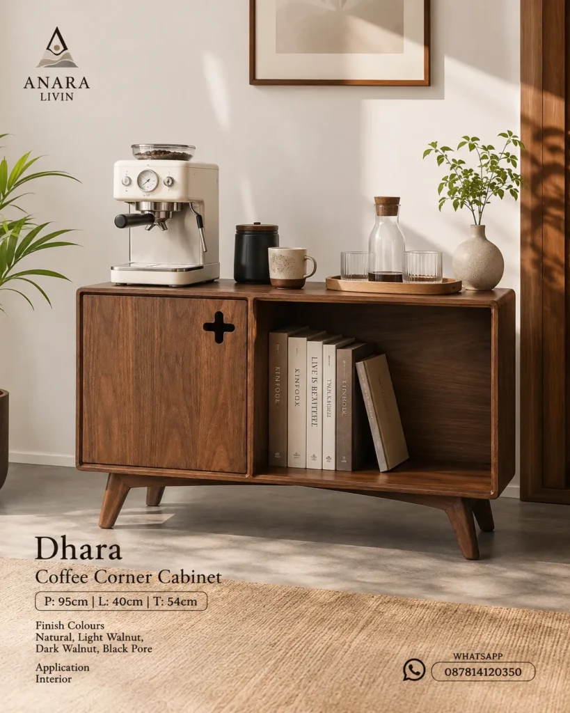 Dhara solid wood coffee corner cabinet with coffee machine in warm interior