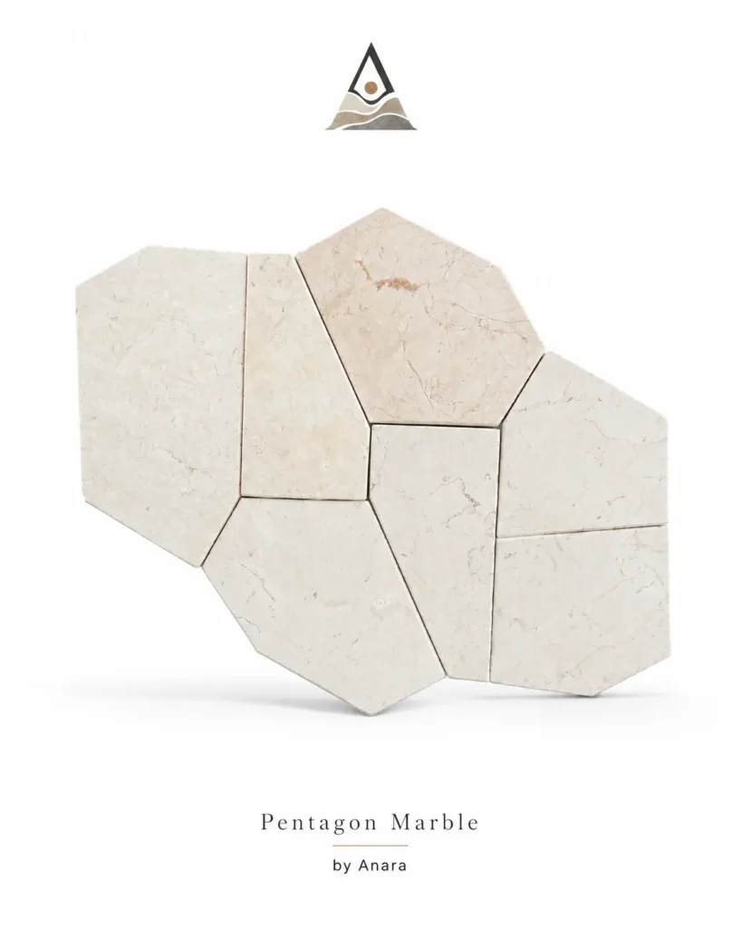 Pentagon marble mosaic tile in cream natural marble, 300 x 300 x 9 mm, displayed on a white background