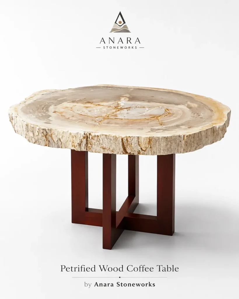 Authentic petrified wood coffee table with steel base by Anara Stoneworks