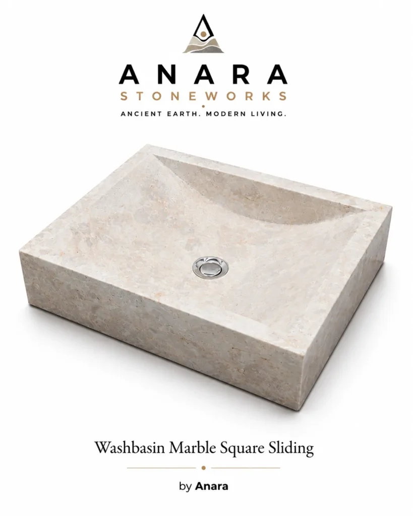 Sloped square marble bathroom sink in cream natural stone, 50 × 35 cm