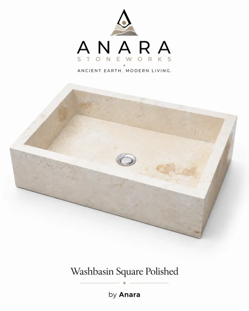 Polished square marble sink vanity in cream beige natural stone, 50 × 35 cm