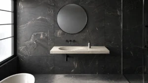 Integrated cream marble sink in a modern bathroom vanity